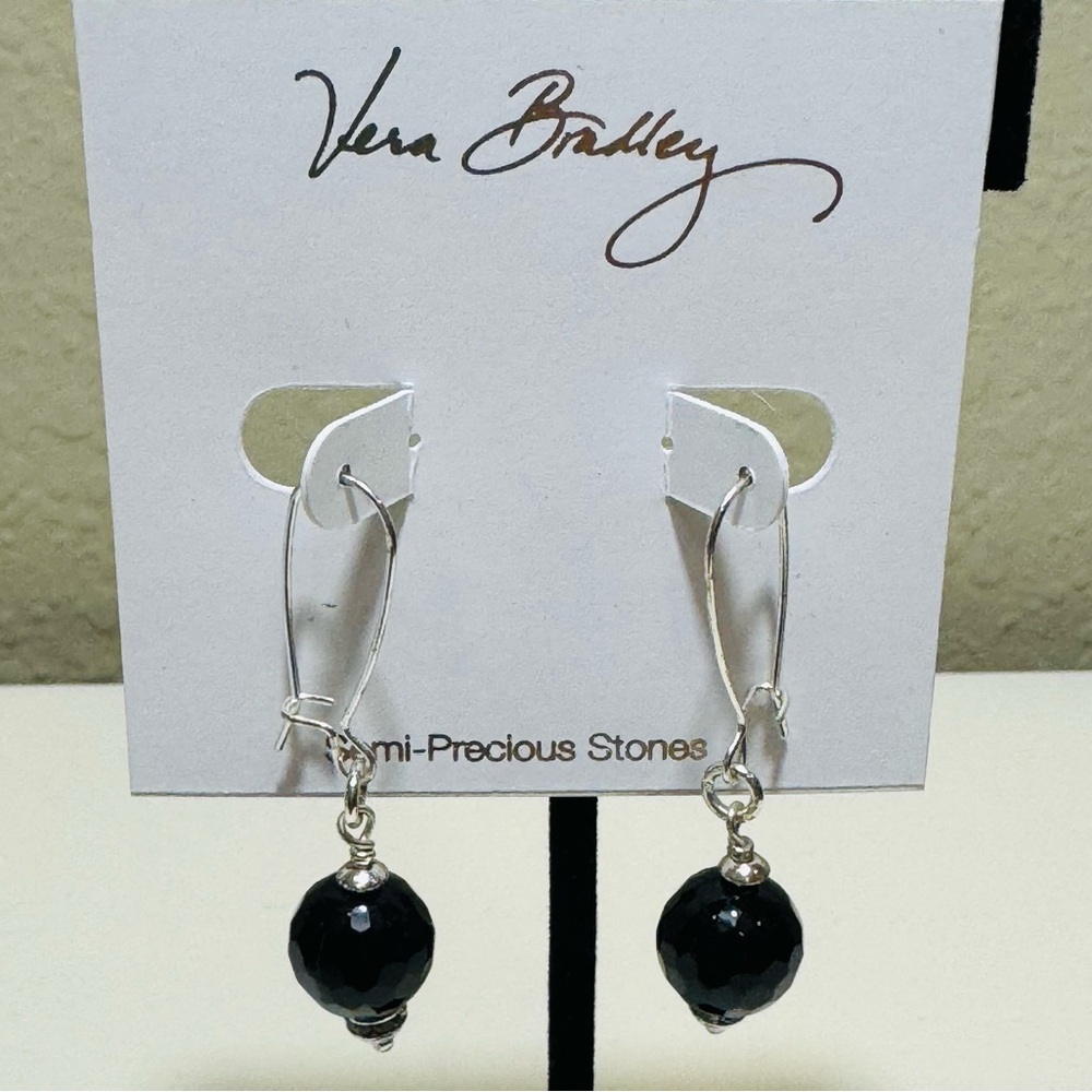 Vera Bradley Black Semi-Precious Stone Ball Drop Earrings NEW
